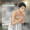 A slightly worried man in a hot spring changing room, covering his body with a towel, steam in the background, warm and soft lighting, realistic style illustration, evokes empathy from male viewers, calm and natural color palette