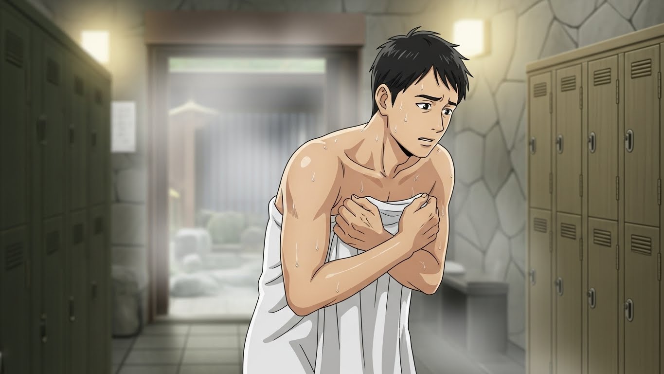 A slightly worried man in a hot spring changing room, covering his body with a towel, steam in the background, warm and soft lighting, realistic style illustration, evokes empathy from male viewers, calm and natural color palette